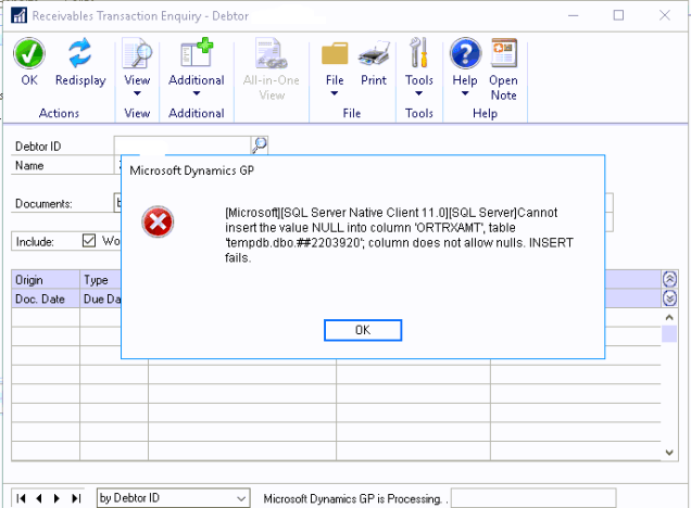 Dynamics GP – Cannot insert the value NULL into column ‘ORTRXAMT’