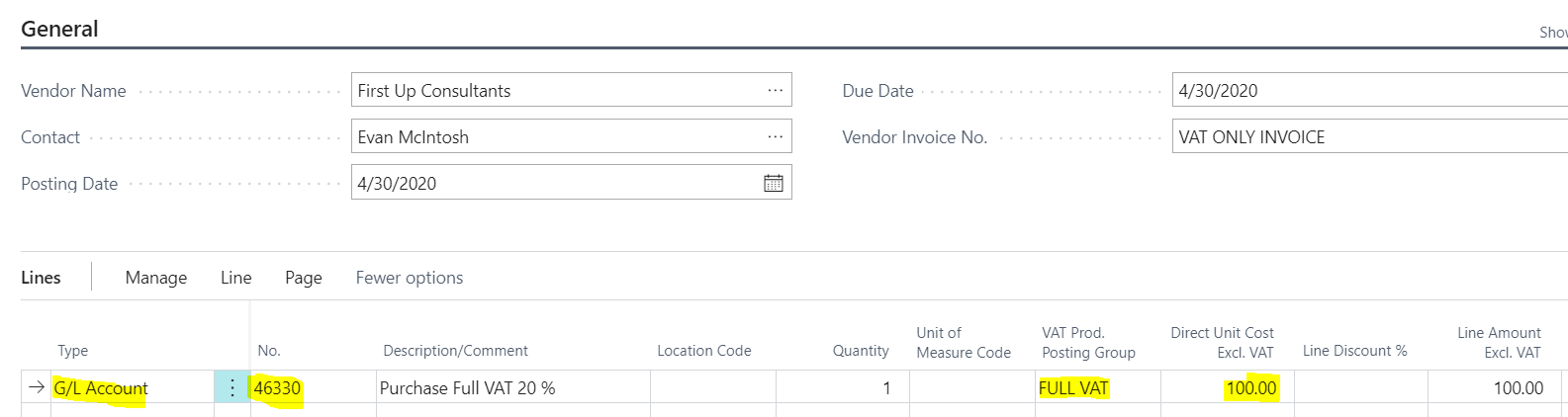 Dynamics 365 Business Central – How to Post a VAT only Invoice